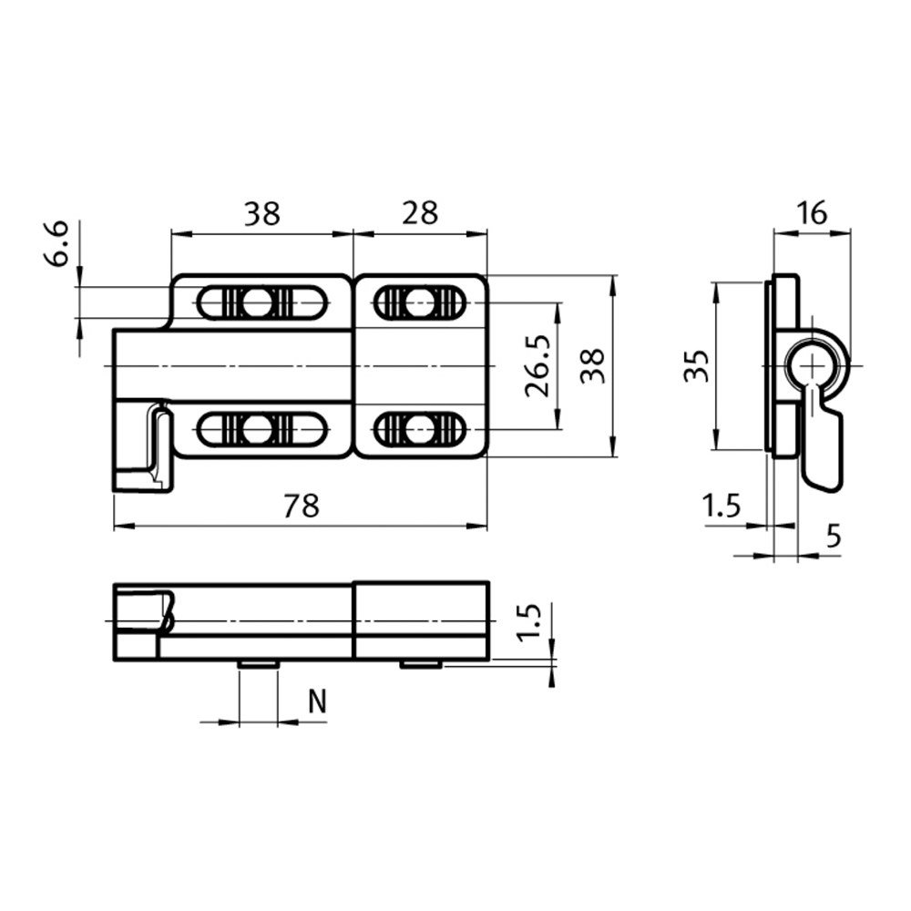 53-100-0 MODULAR SOLUTIONS SLIDING DEAD BOLT<BR>ZINC PLATED STEEL BODY 78MMX38MMX16MM HARDWARE NOT INCLUDED